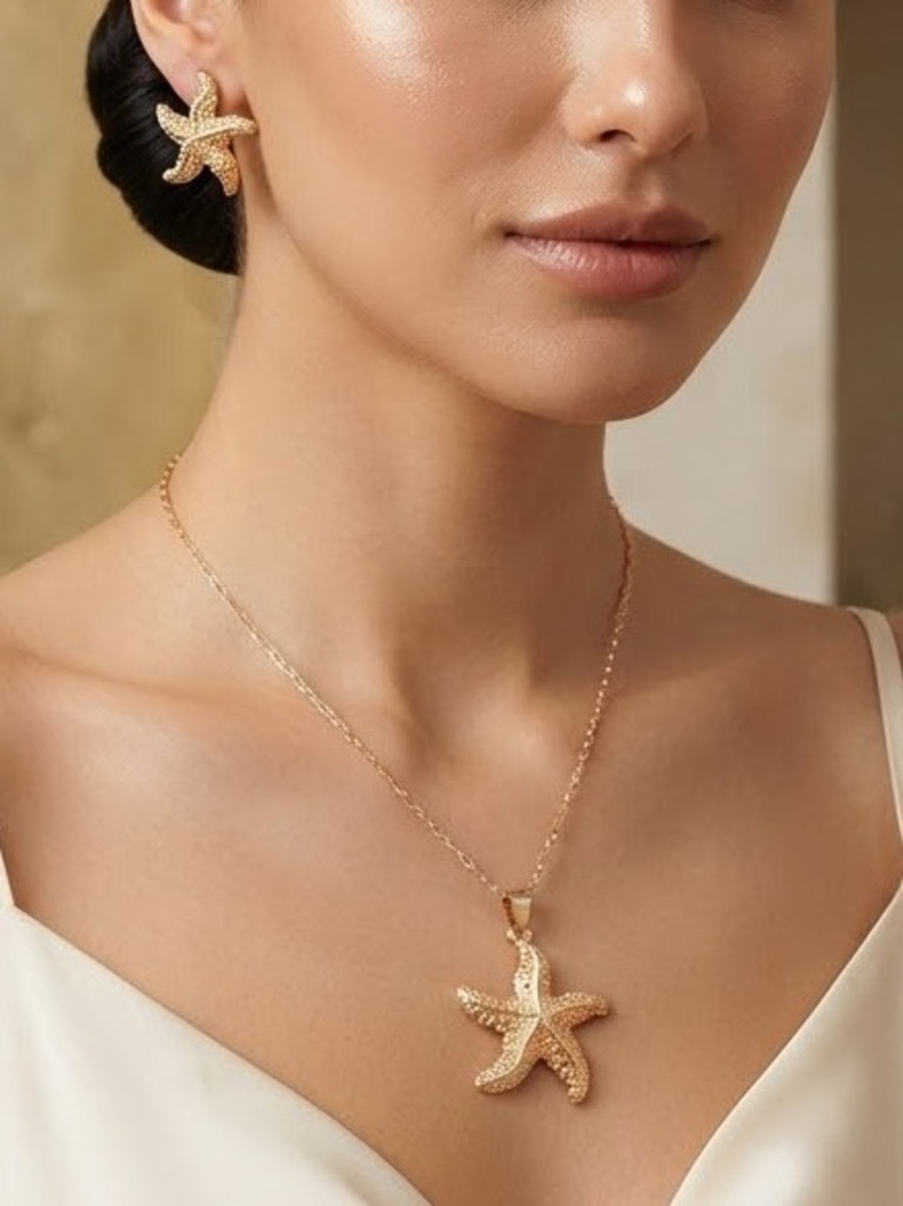 Gold Starfish Stainless Steel Necklace and Earring Set!